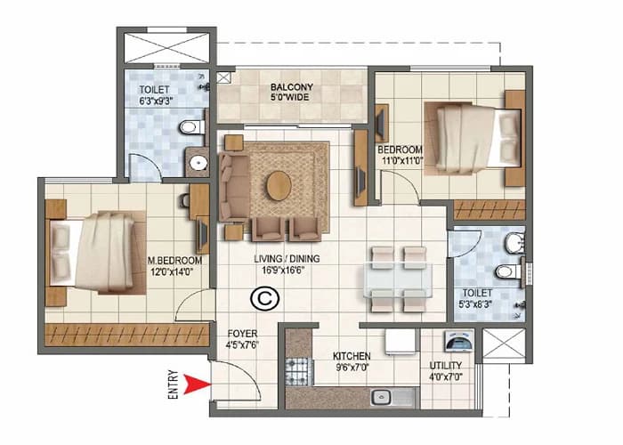 Brigade Granada 3 BHK Apartment floor plan