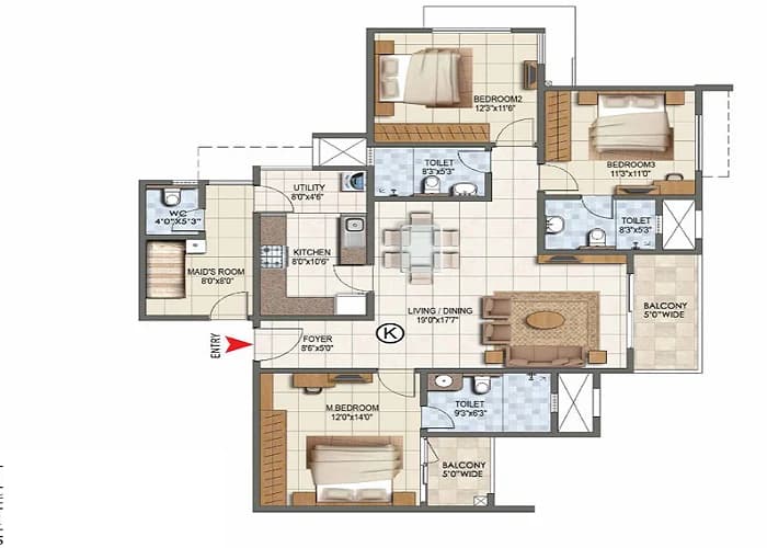 Brigade Granada 4 BHK Apartment floor plan